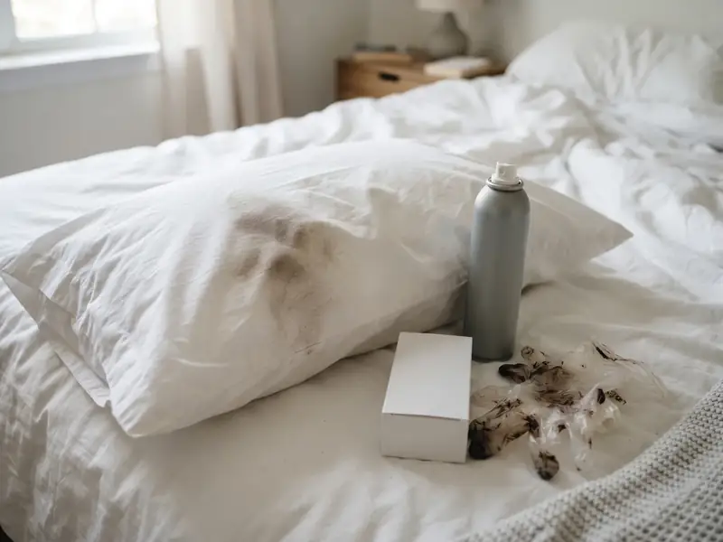 A pillowcase with a brown smudge, a plain spray can, a plain hair dye box and stained plastic gloves on a bed