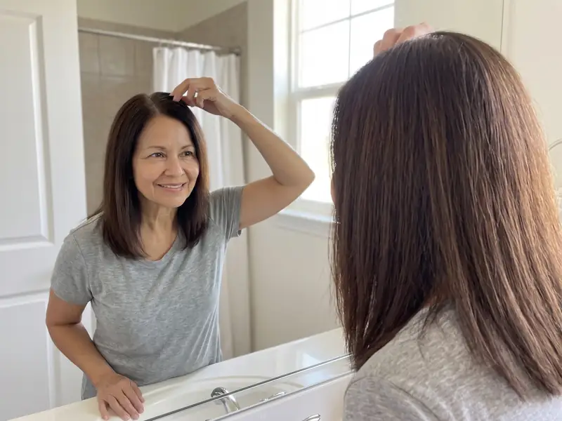 A woman smiles at her bathroom mirror, lifting her hair to show an evenly dark part