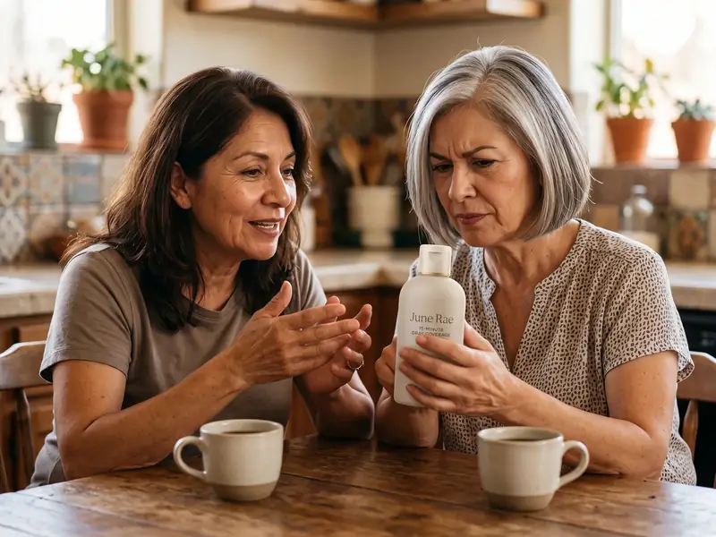 Two sisters at a kitchen table with coffee, one turning a June Rae bottle in her hands with a skeptical look
