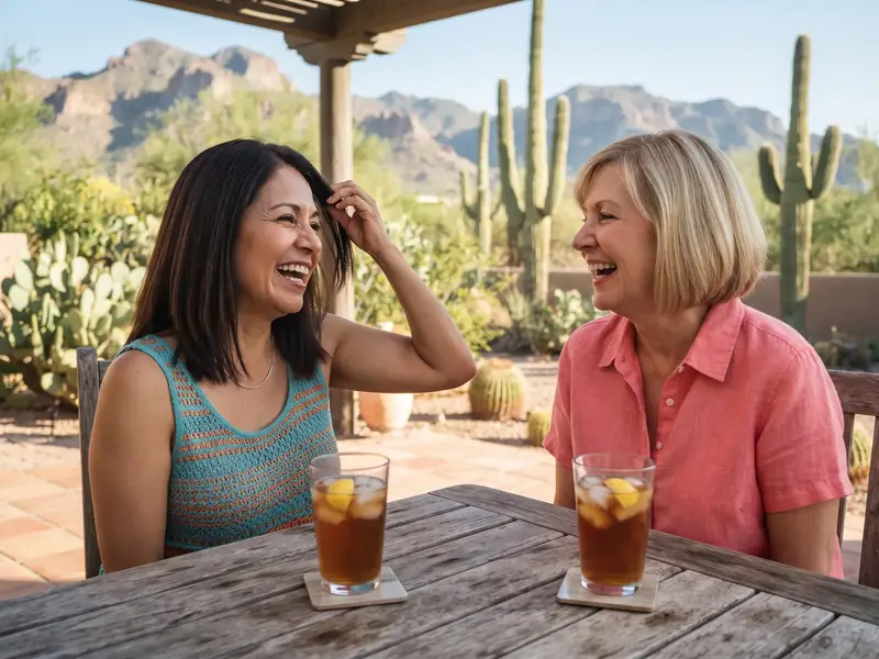 Two women friends laugh on a sunny backyard patio, one touching her dark brown hair at the part