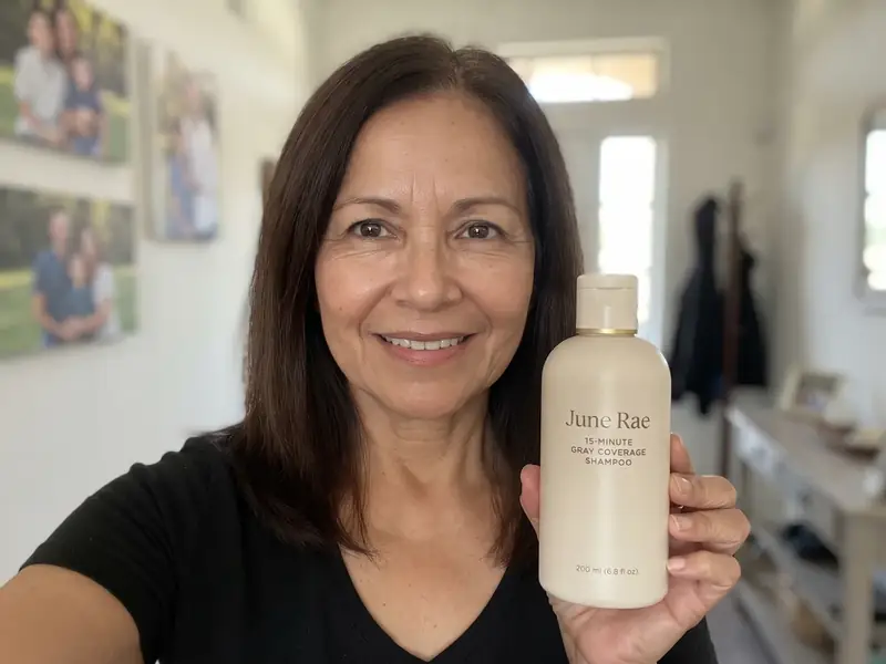 A smiling woman holds a June Rae shampoo bottle at chest height in her bright home entryway