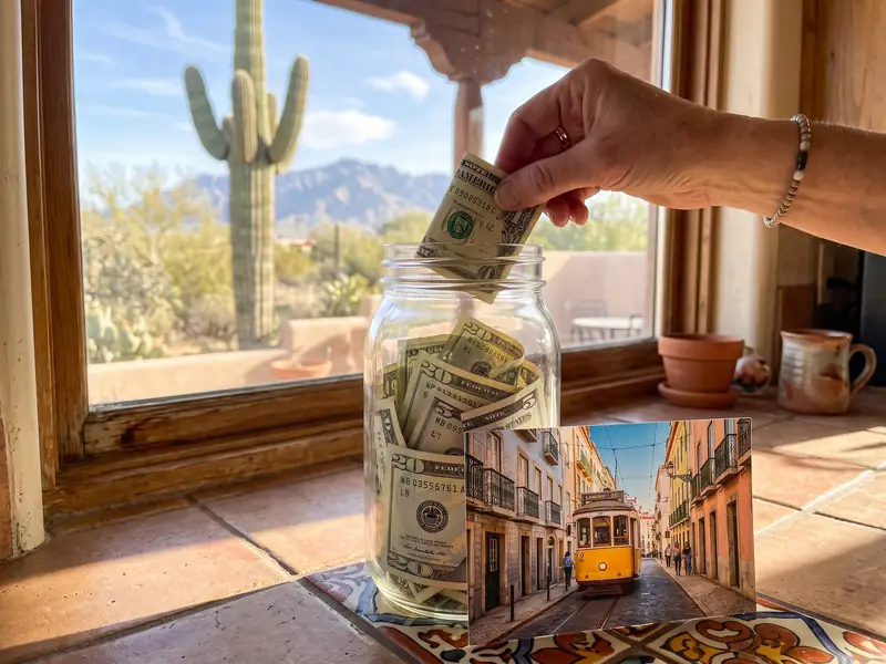 A hand drops a folded bill into a glass jar of savings, a postcard of a yellow tram leaning against it