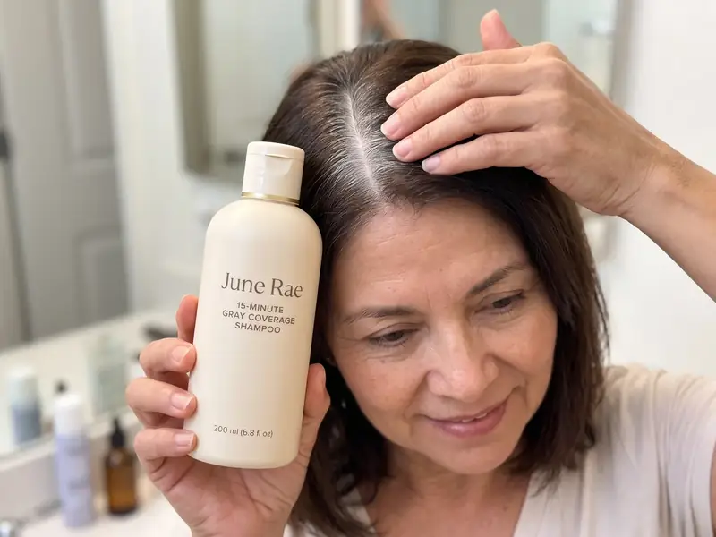 A woman parts her dark brown hair to show a white stripe of regrowth while holding a cream June Rae shampoo bottle beside it